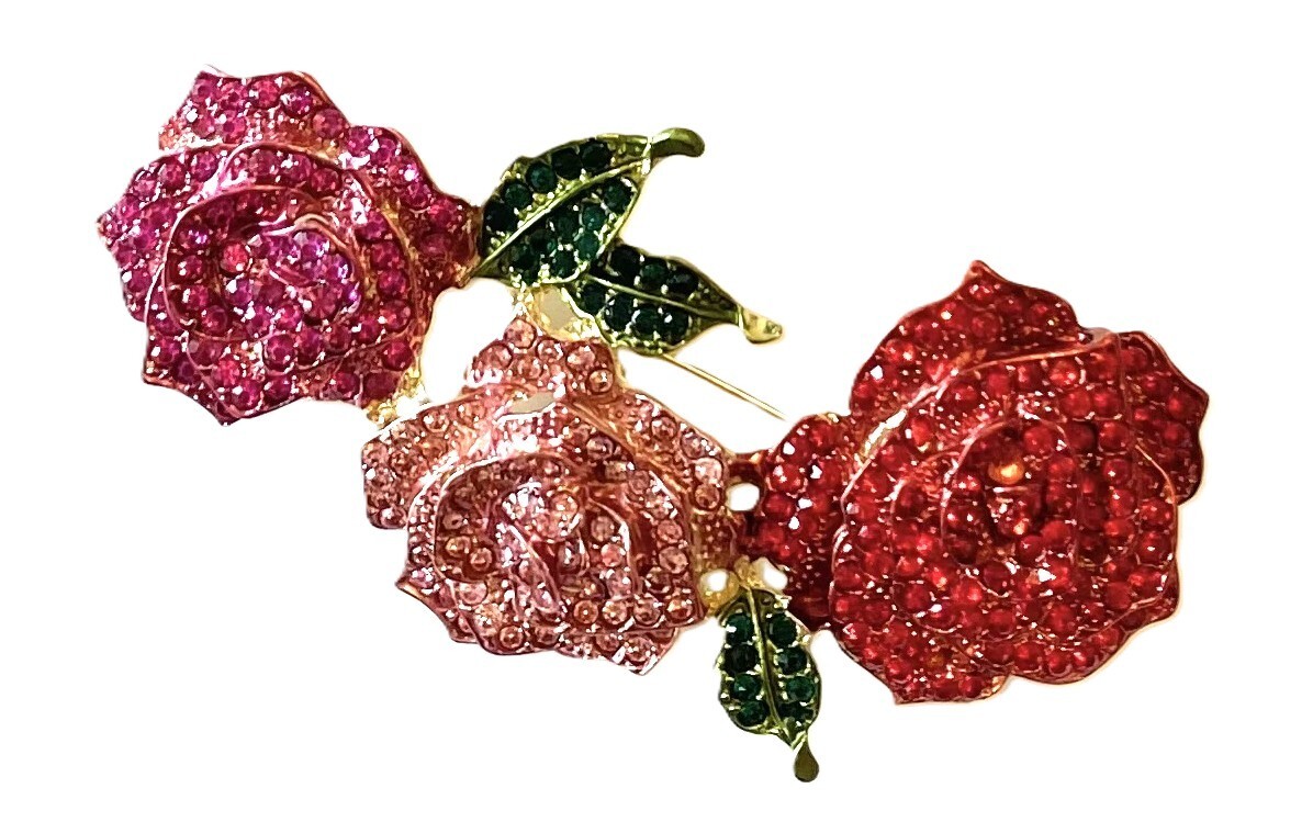 RHINESTONE FLOWER BROOCH/PENDANT! Stunning Rose Trinity Pin! Red & Pink Crystals