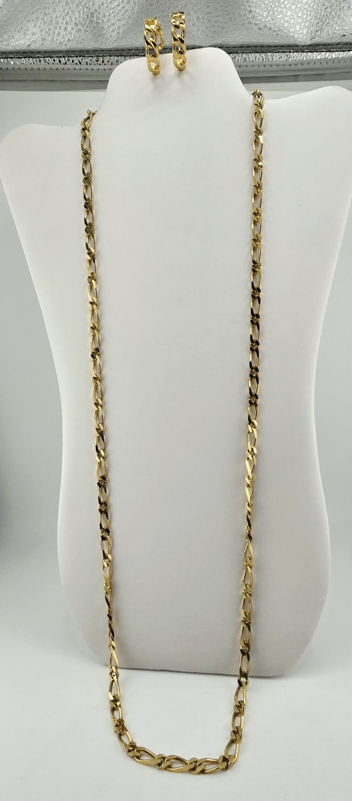 MONET 36″ LENGTH FIGARO CURB LINK NECKLACE☆ 1″ CLIP-ON EARRINGS☆GOLD-PLATED☆EC☆