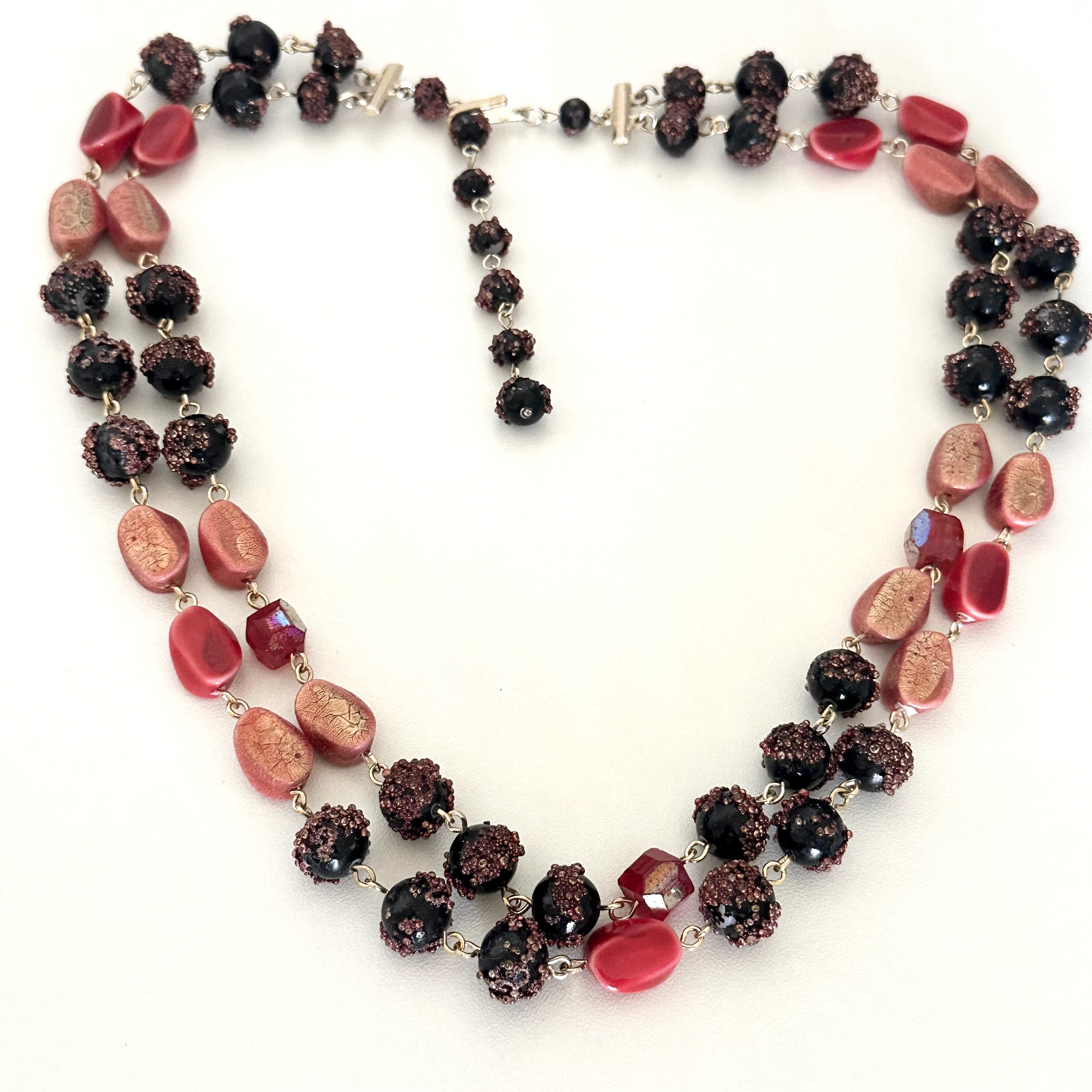 Vintage Red Crystal & Acrylic Beaded Double Row 2 Strand Adjustable Necklace