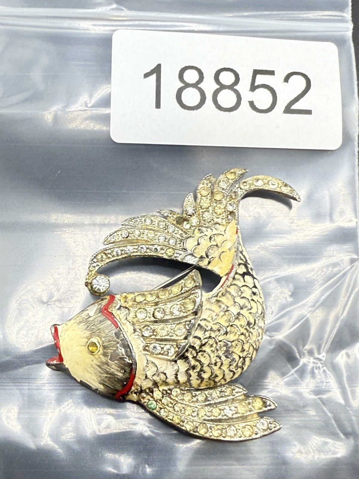 Vintage Pot Metal Brooch Fish Rhinestones Enamel READ