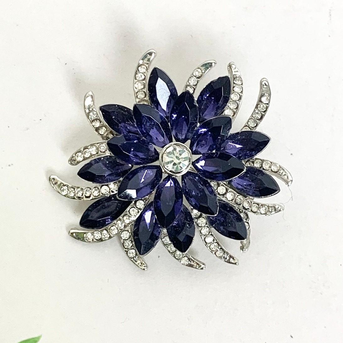 Vintage Blue Violet Rhinestone Flower Brooch Silver Statement Pin Mid Century
