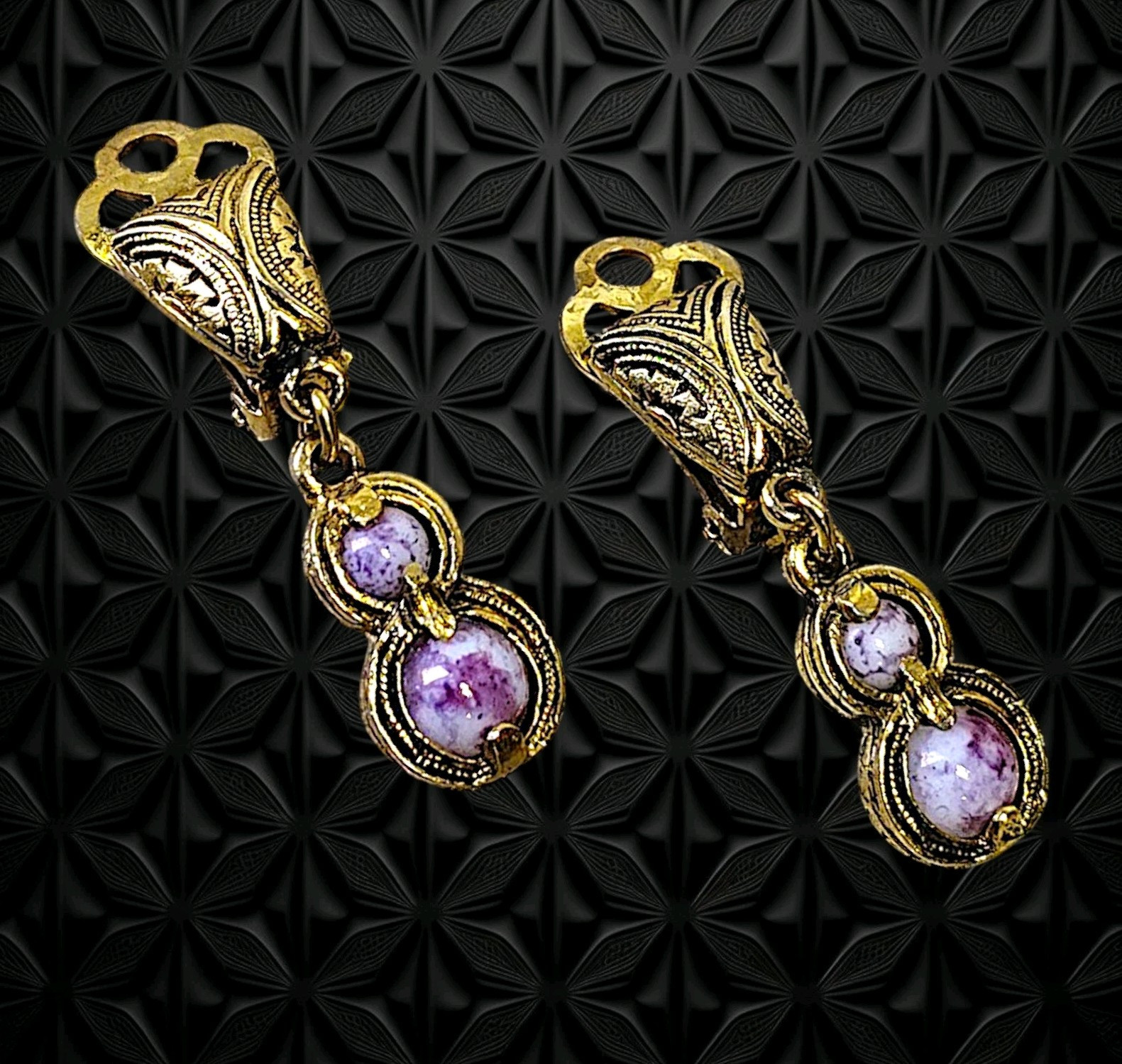 Vintage Gold-Tone Engraved Metal Black Outline With Two Purple Stones