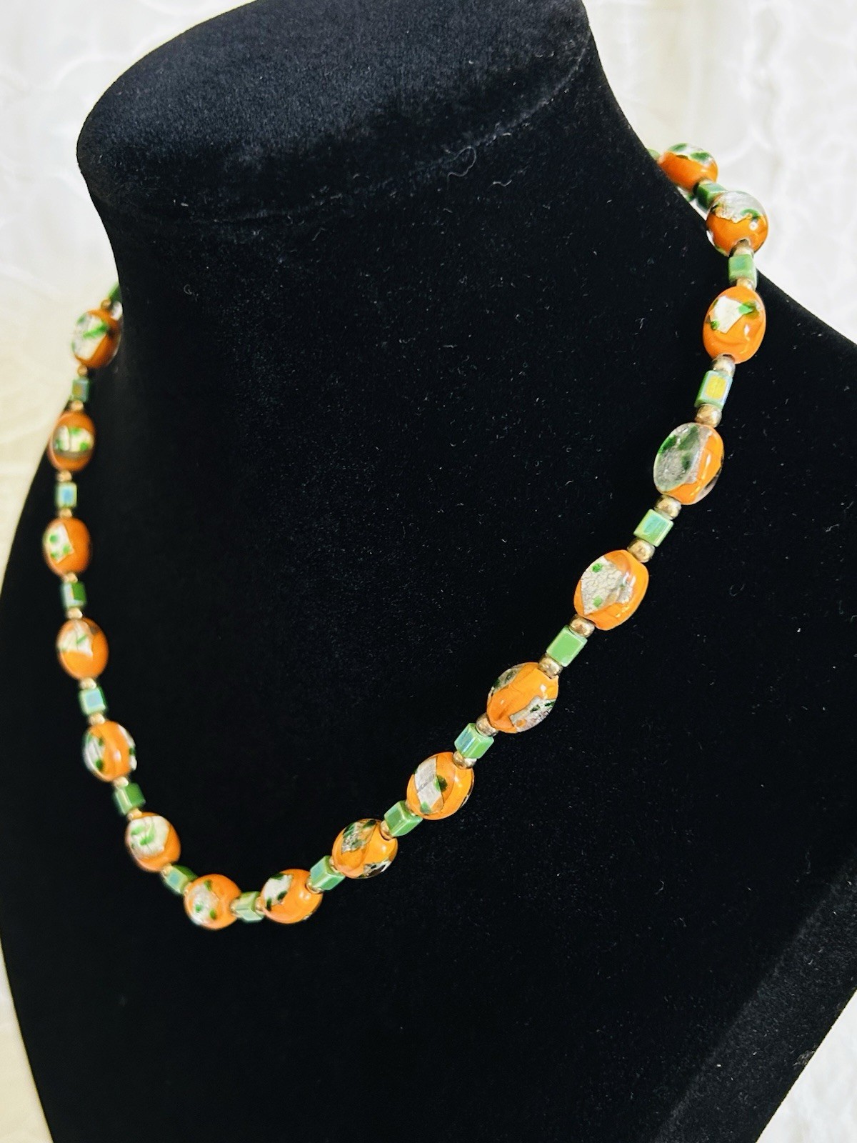 Vintage Orange Foil Art Glass Bead Necklace Green Spacers Murano Style Italy
