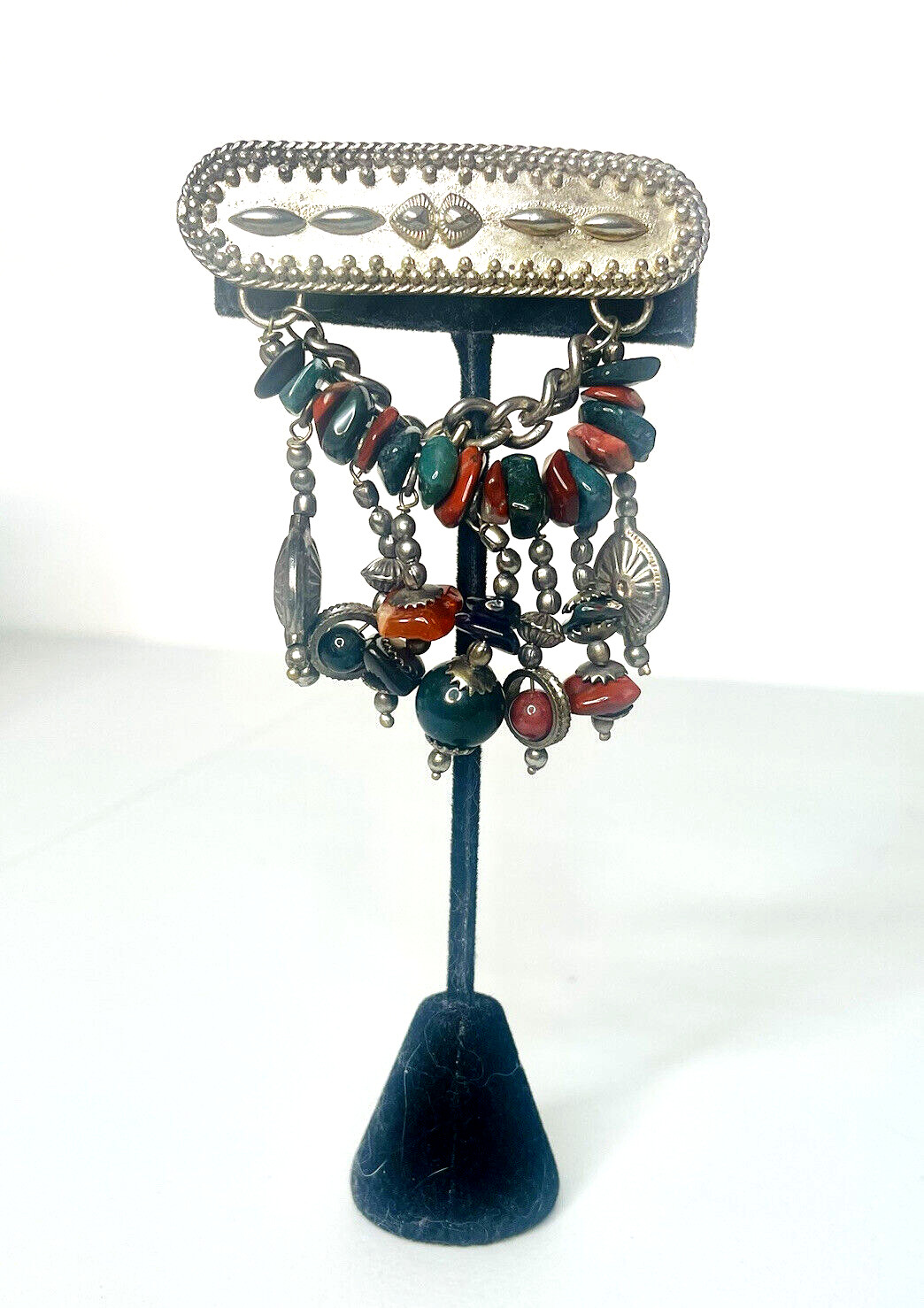 Vintage Hand Crafted Brooch Genuine Stone Chunks Unknown Metal Made In India