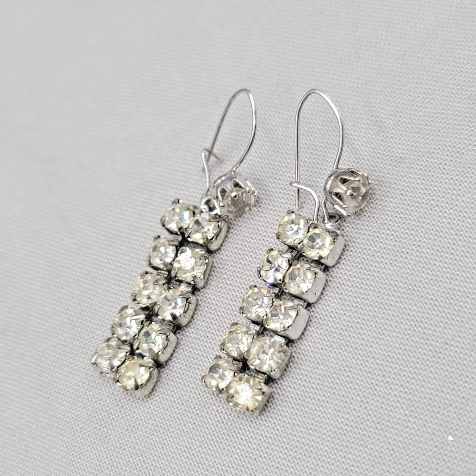 Vintage Removable Rhinestone Pierced Earrings Hook Silver tone Dangle 1″