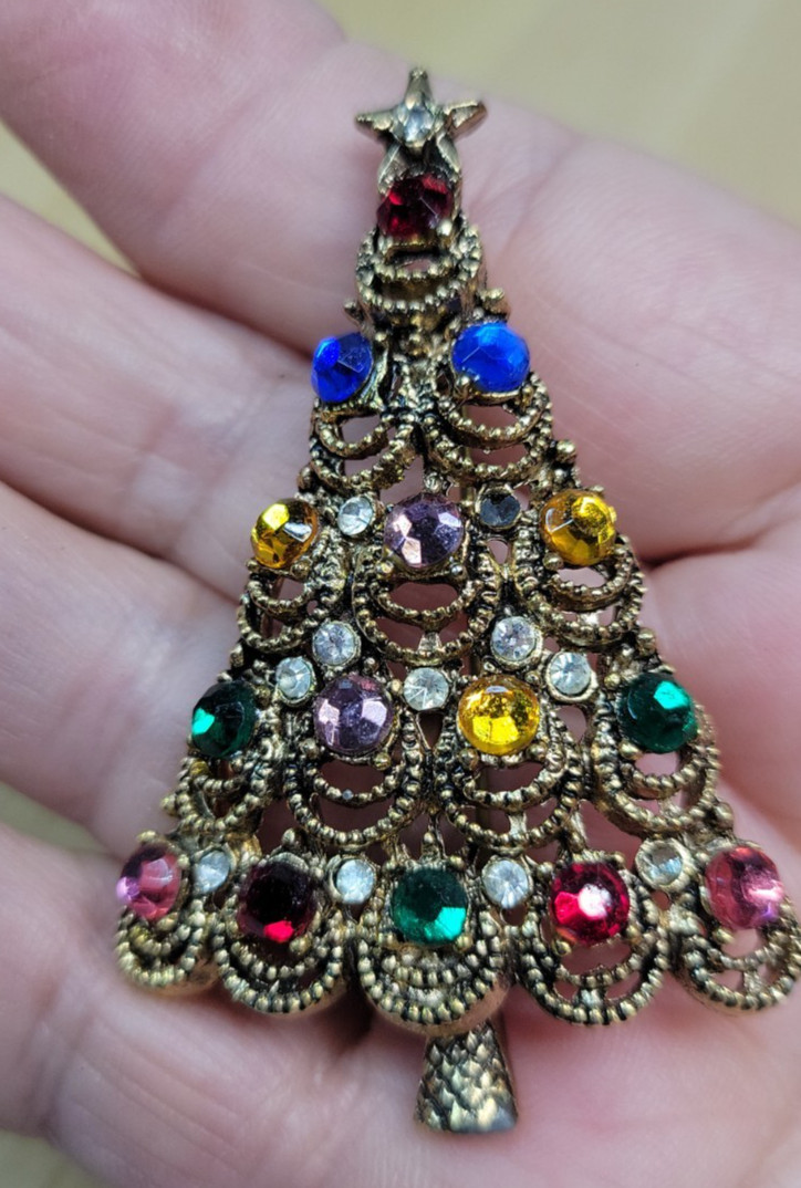 VTG Christmas Tree Pin Brooch 1-Missing Stone 2″x1.5″