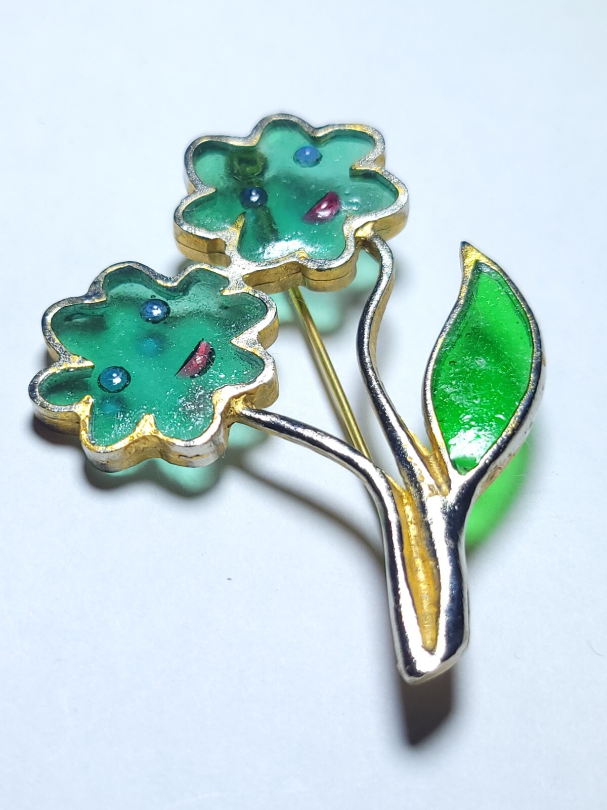 Enamel Flower Face Brooch by Joy Vintage Plique A Jour Green Stained Glass Resin