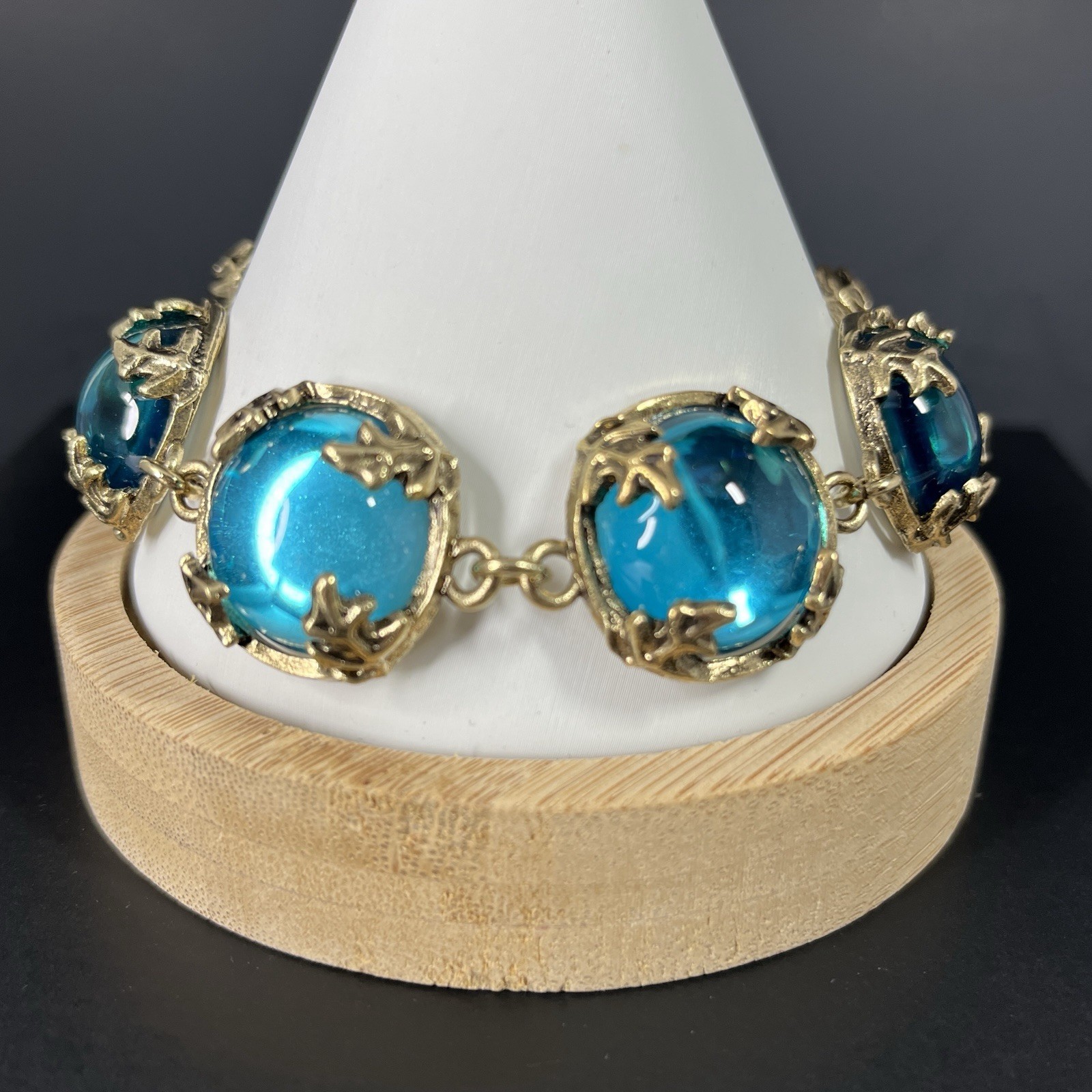 Turquoise Gripoix Glass Cabochon Bracelet Gold Tone Bezel Wide Chunky Statement