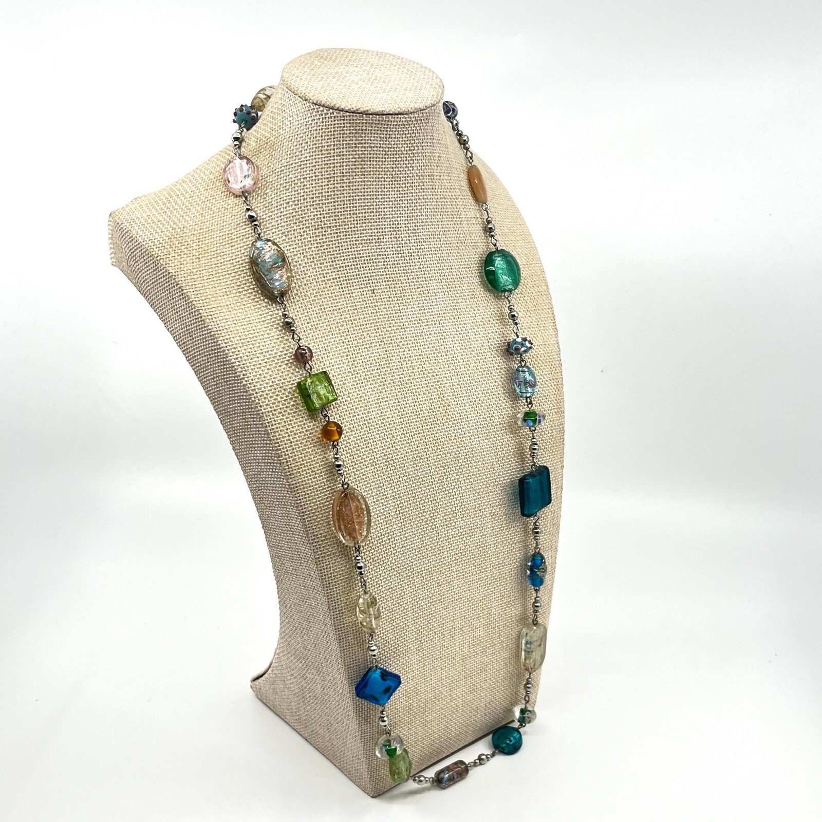 Vintage Boho Art Glass Bead Station Necklace Multi-Color Eclectic Retro Style