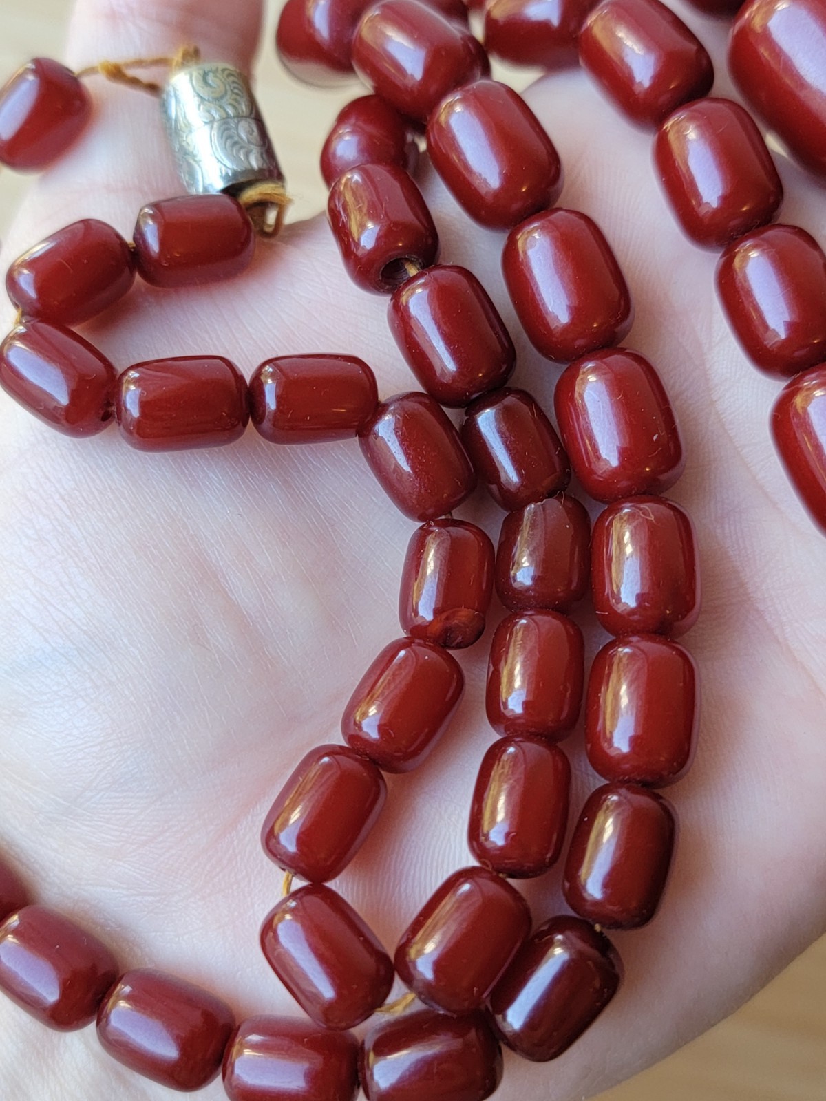 Cherry Amber Bakelite Barrel Prayer Bead Necklace – 76 Grams