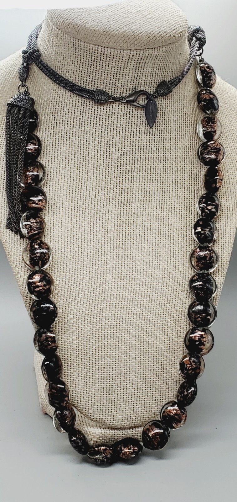 Coldwater Creek Black and Copper accented Glass, Gun Metal Necklace 36″ woo1