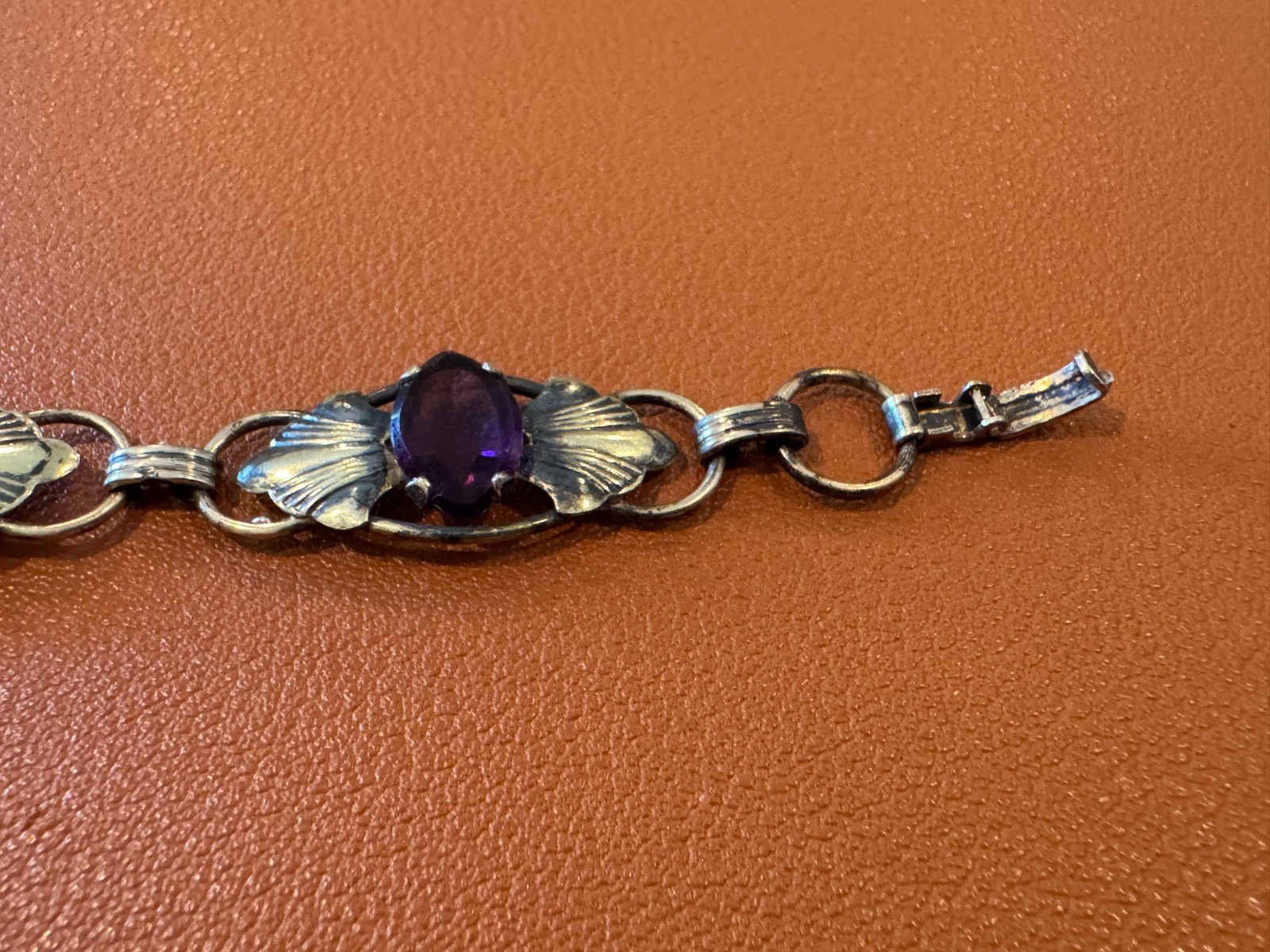 Vtg Antique Gold on Sterling Silver Bracelet w/ Faceted Purple Glass or Stones