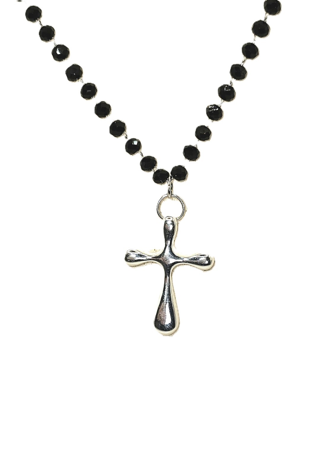 Sterling Silver Cross Necklace Adjustable Black Rosary Chain Lightweight