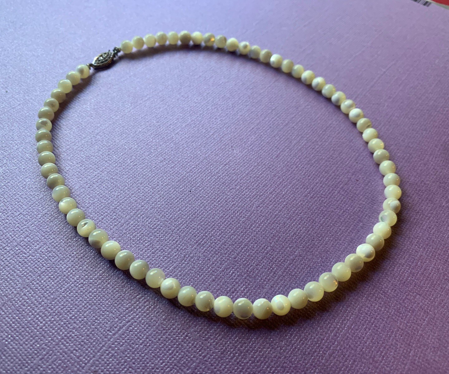Vintage Mother of Pearl Round Bead Sterling Silver Fish Hook Clasp Necklace