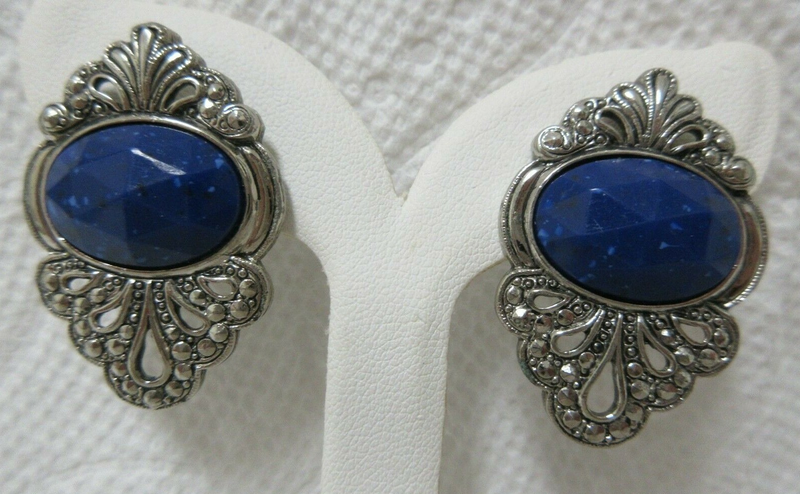 Vintage Silver Tone Faceted Blue with White Dots Faux Marcasite Pierced Earrings