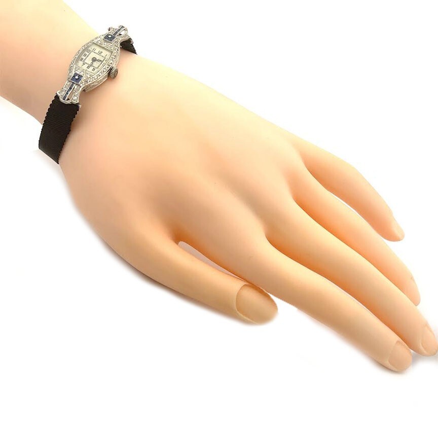 Art Deco Diamond Platinum Hand Wind Elongated Ladies Watch