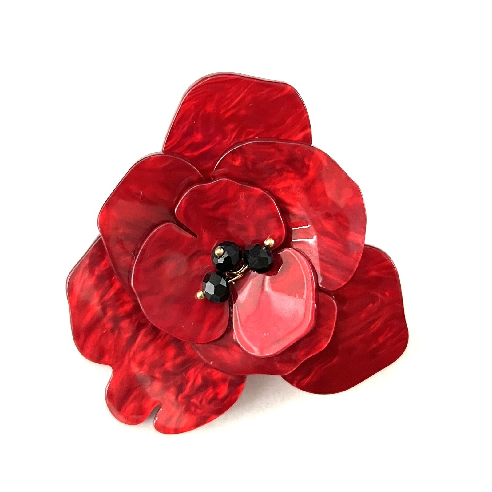 Red Poppy Flower Brooch Pin Pearlescent Lucite Acrylic 3D Statement Vtg Retro