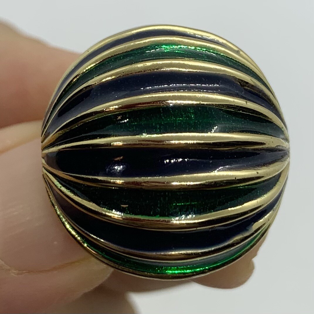 VTG EARRINGS MELON ENAMEL GAY BOYER LARGE DOME GREEN BLACK SHINY MINTY CLIP