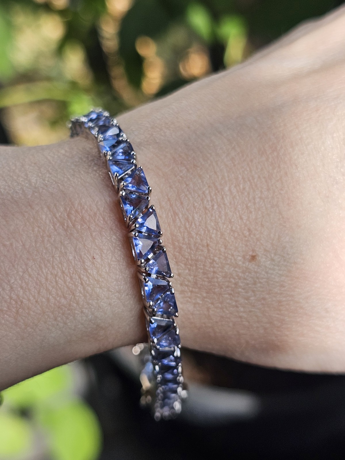 Vintage 925 Sterling Silver Trillion Cut Tanzanite Glass Tennis 8″ Bracelet