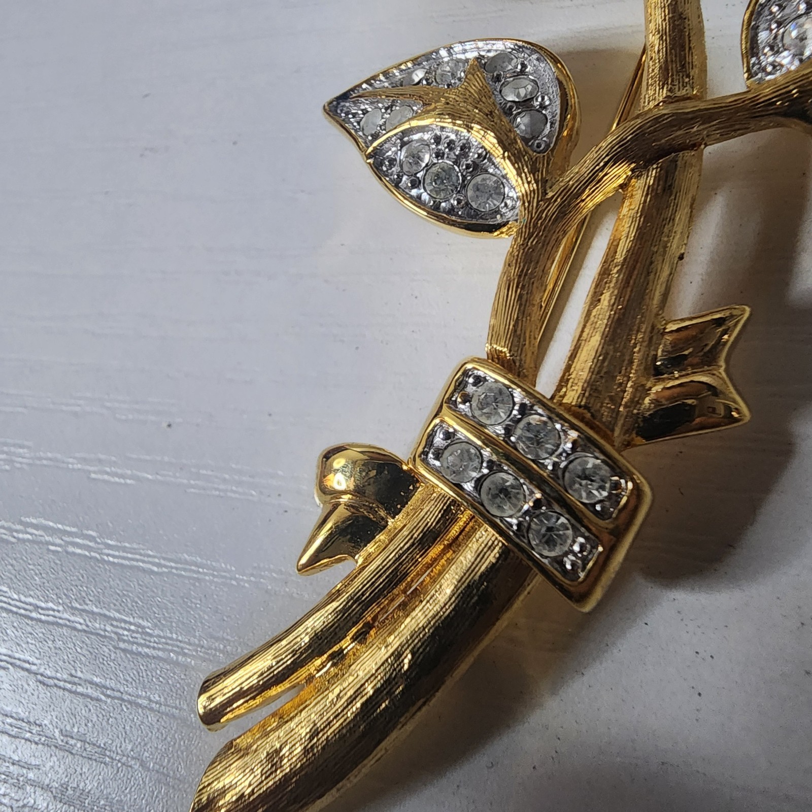 Vintage Nolan Miller Large Brooch Pin Pave Rose Flower Gold Tone & Rhinestones