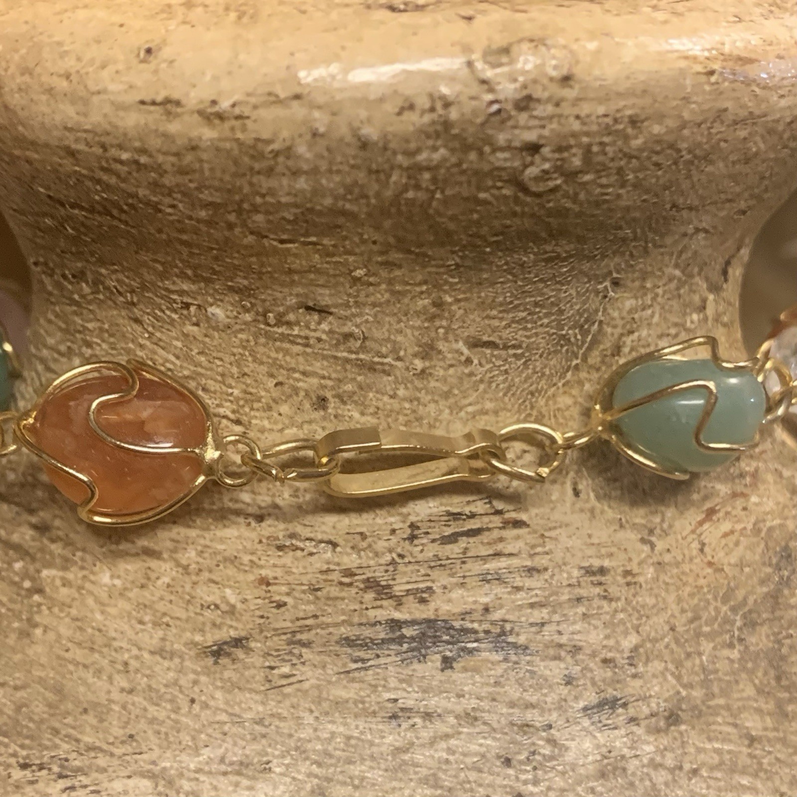 Gold & Natural Gemstone Cage Necklace 24 Inches Vintage
