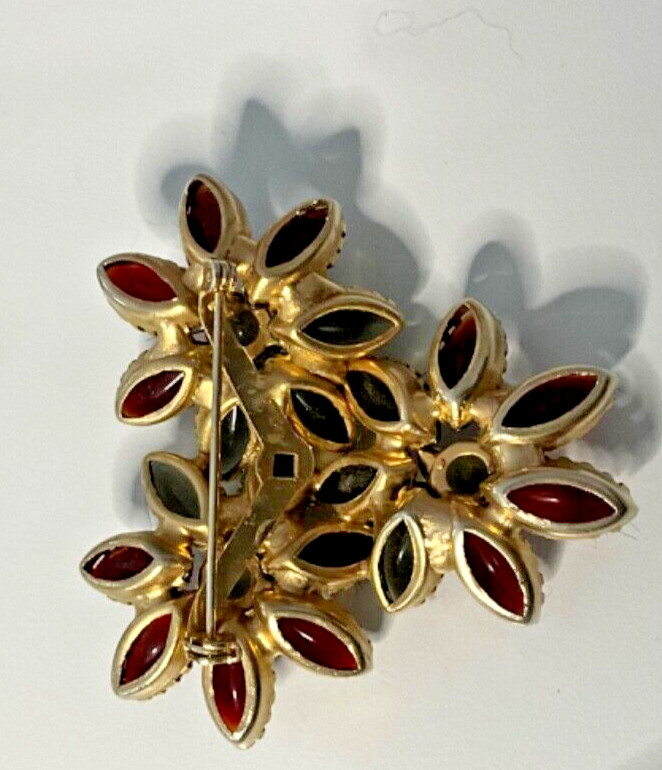 Vintage Warm Red and Gray/Green Flower Brooch approximately 2 inches long