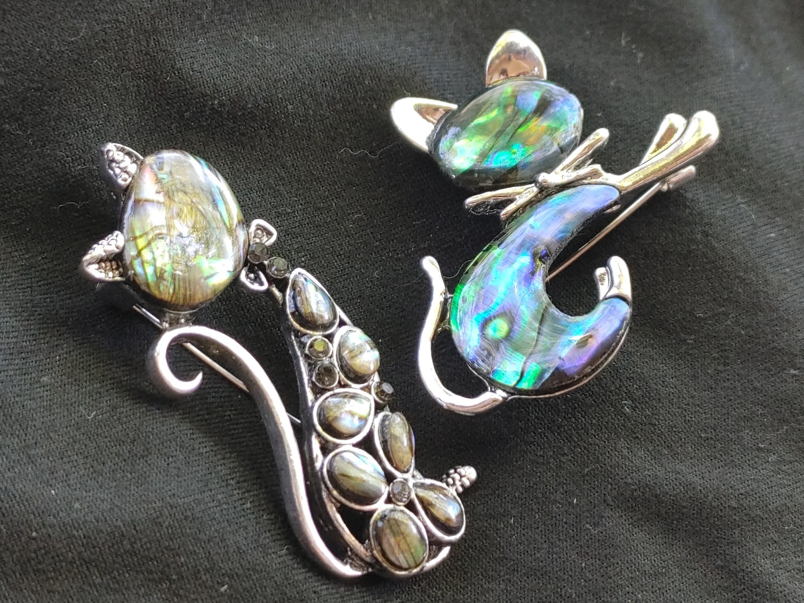 2 Pc. Lot Of Whimsical Retro Cat Brooches Faux Abalone Silver Tone 2″