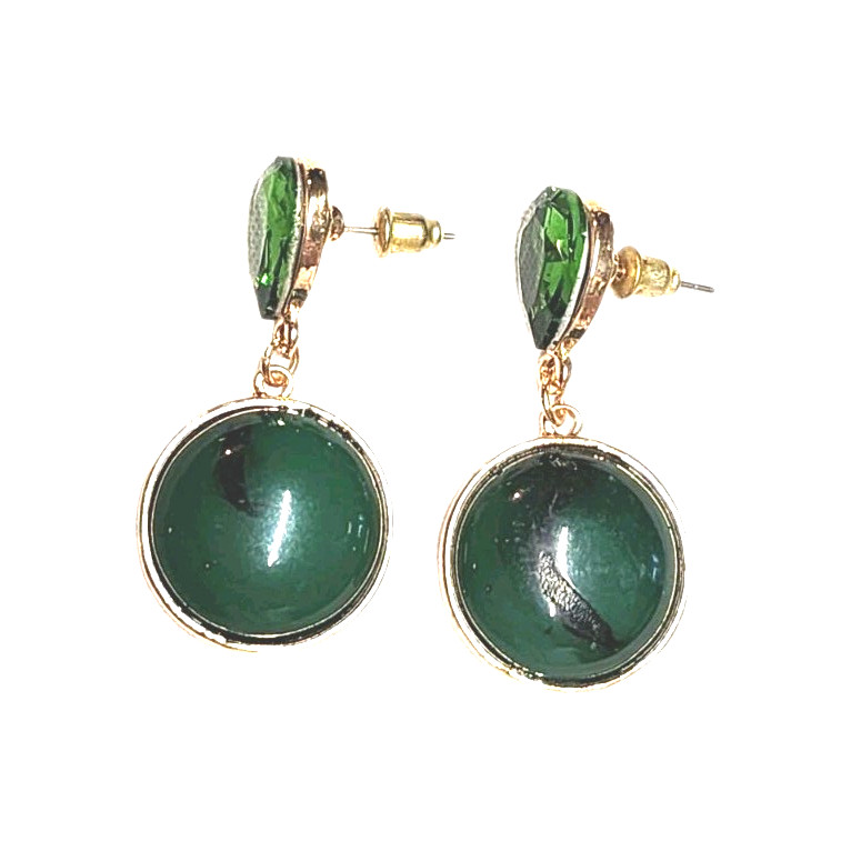 Vintage Green Faux Stone Rhinestone Gold Tone Dangle Earrings Teardrop Round GUC