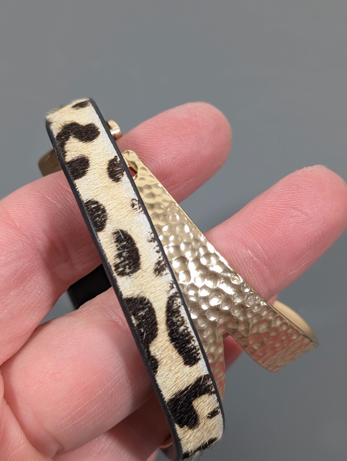 Cheetah Animal Print Faux Fur Gold Tone Hammered Wrap Bracelet 14 inch Boho
