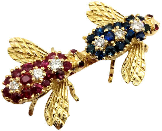 Elegant Vintage Diamond Ruby Sapphire 18K Gold Double Bee Brooch Pin Retro