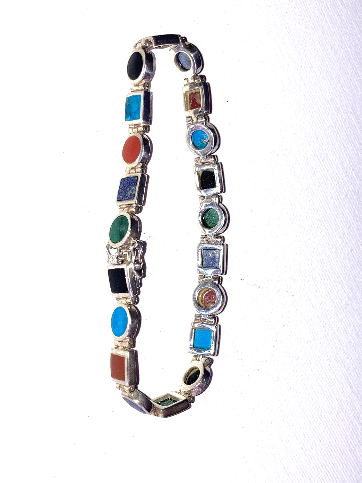 Vintage Sterling Silver Multi-Gemstone Signed Link Bracelet-Hinged-Flexible
