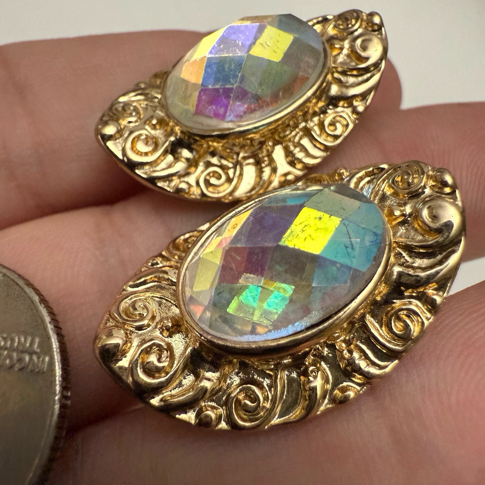 Vintage AB Glass Faceted Crystal Ornate Oval Curved Goldtone Clip On Earrings