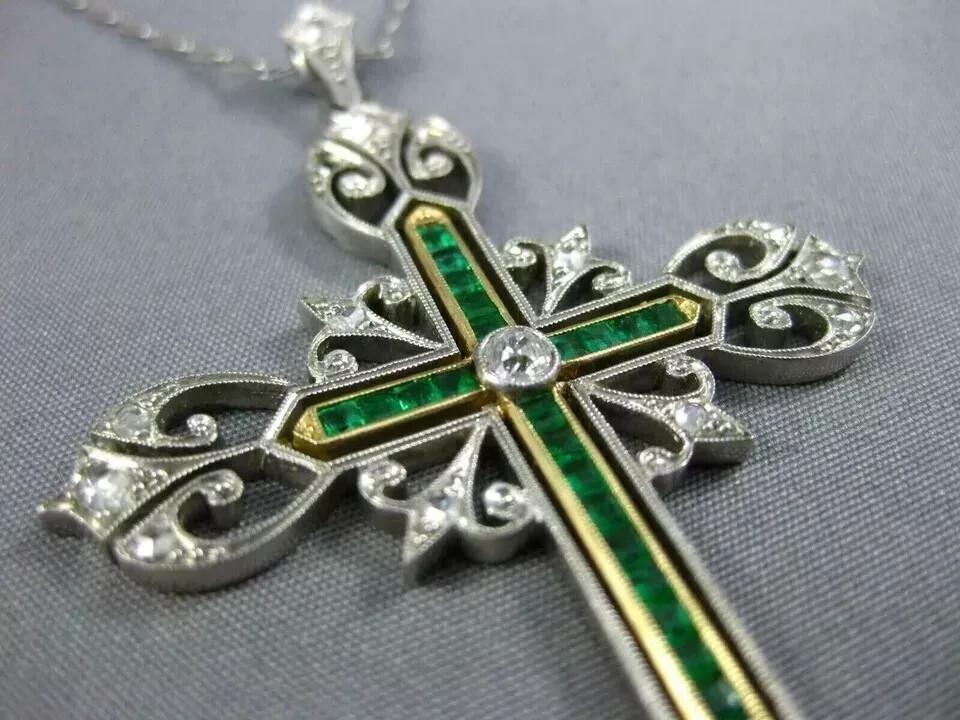 3CT Art Deco Vintage Style Cross Pendant Lab Created Diamond 14k White Gold FN