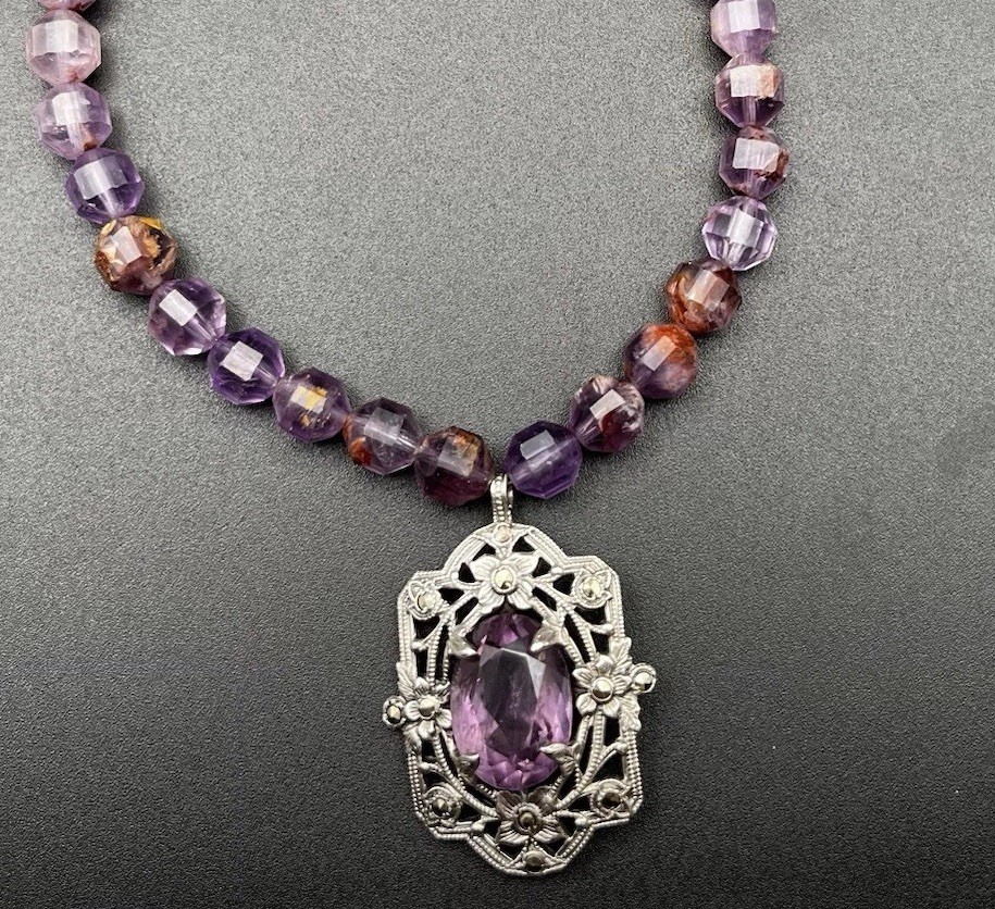Vintage Sterling Silver Amethyst Art Nouveau Style Pendant On Super Seven Beads