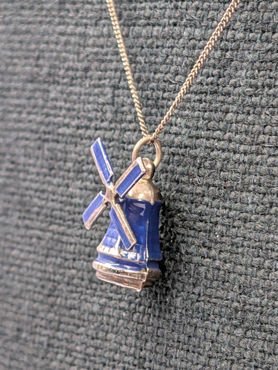 Antique 835 Silver Blue Enamel Articulated Windmill Pendant 16.75″ Curb Necklace