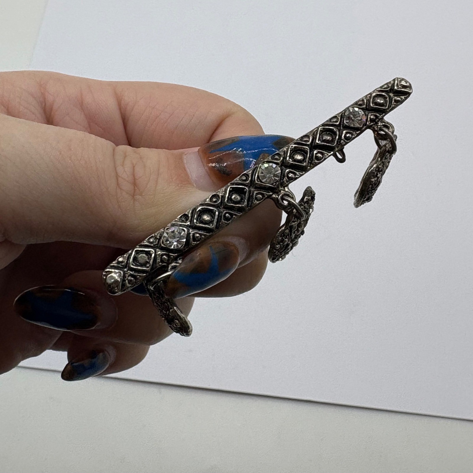 Vintage Pewter Bar Pin Brooch with 3 Dangling Filigree Hearts