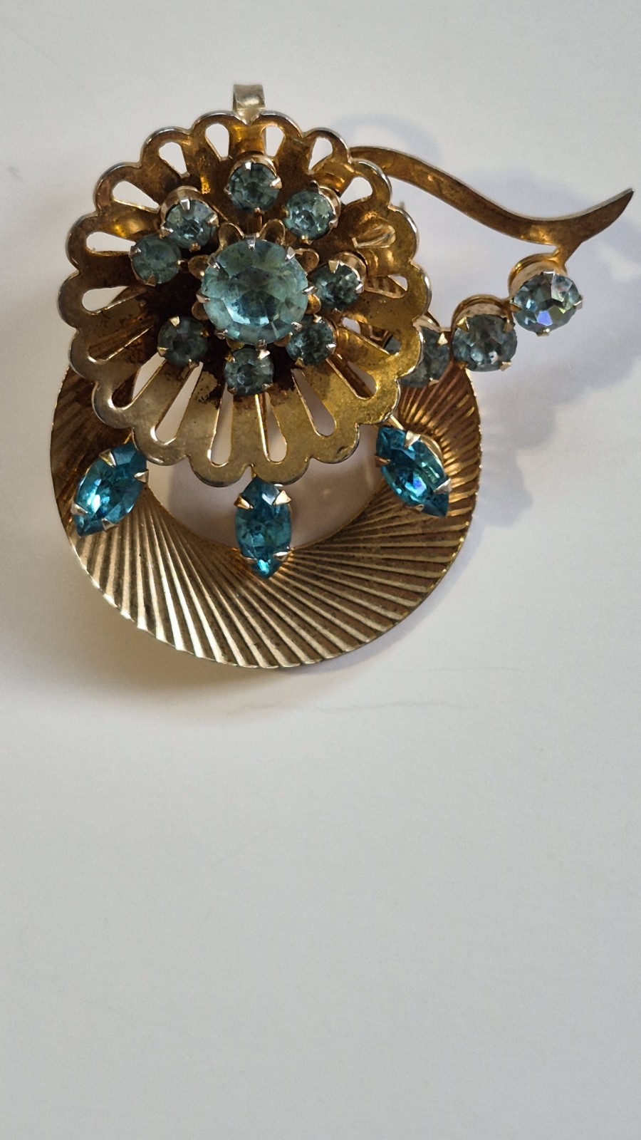 Coro/Unbranded Brooch Lof 2, Teal Blue Gold Tone Flower/Light Blue AB Cluster
