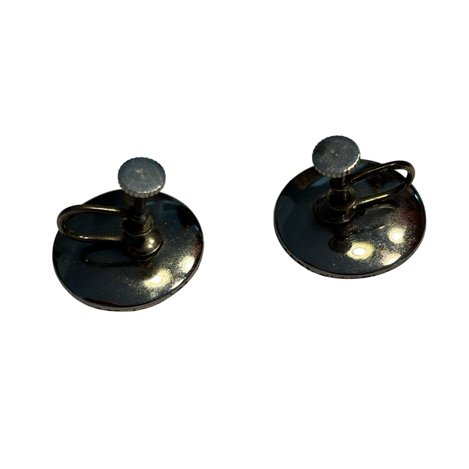 Vintage screwback earrings enamel finish on silvertone unique Boho orange black