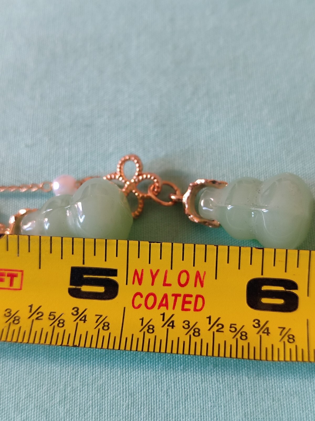 Asian Style Dangle Charm Faux Jade Glass Pearl Gold Tone Double Strand Kimono