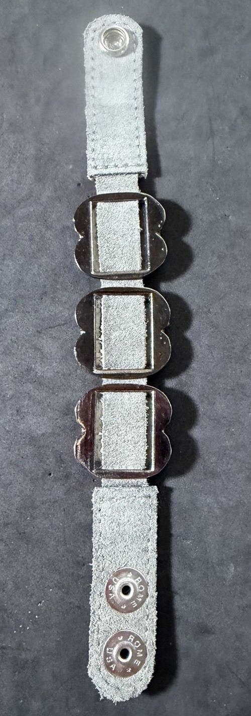 Vtg Leatherock USA Light-Grey Leather Band Bracelet Rhinestone Embellished Boho