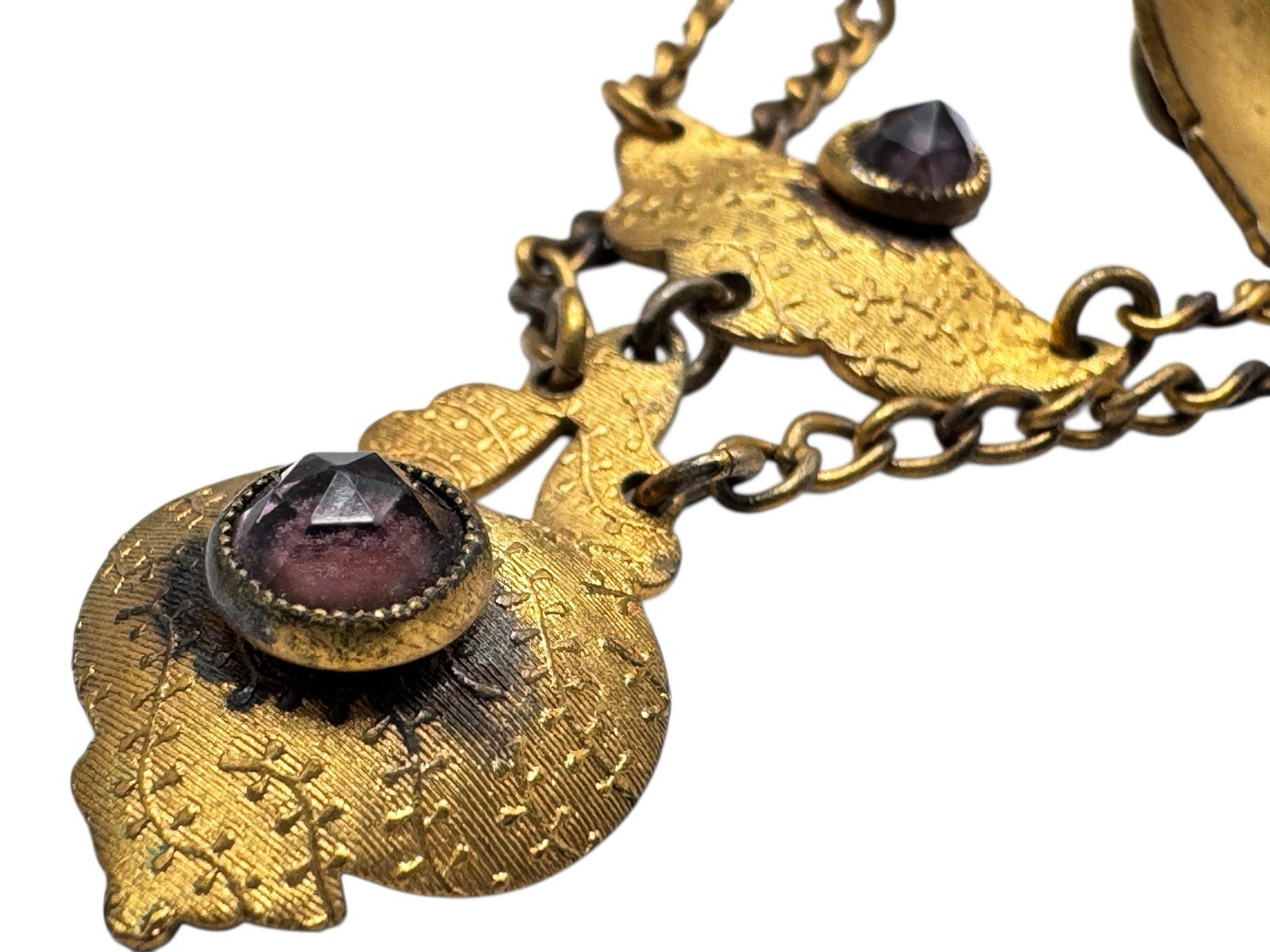 Antique Edwardian Gold Filled Festoon Necklace Rose Cut Purple Paste Stones