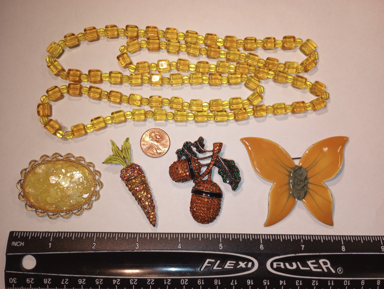 Vtg 5pc Lot FALL COLORS 1 Necklace 4 Brooch Enamel Butterfly Confetti ART Carrot