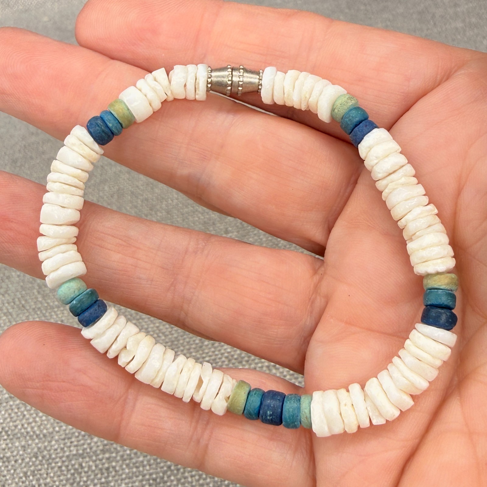 Vintage Heishi Bead Bracelet and Anklet Set White Blue Shells