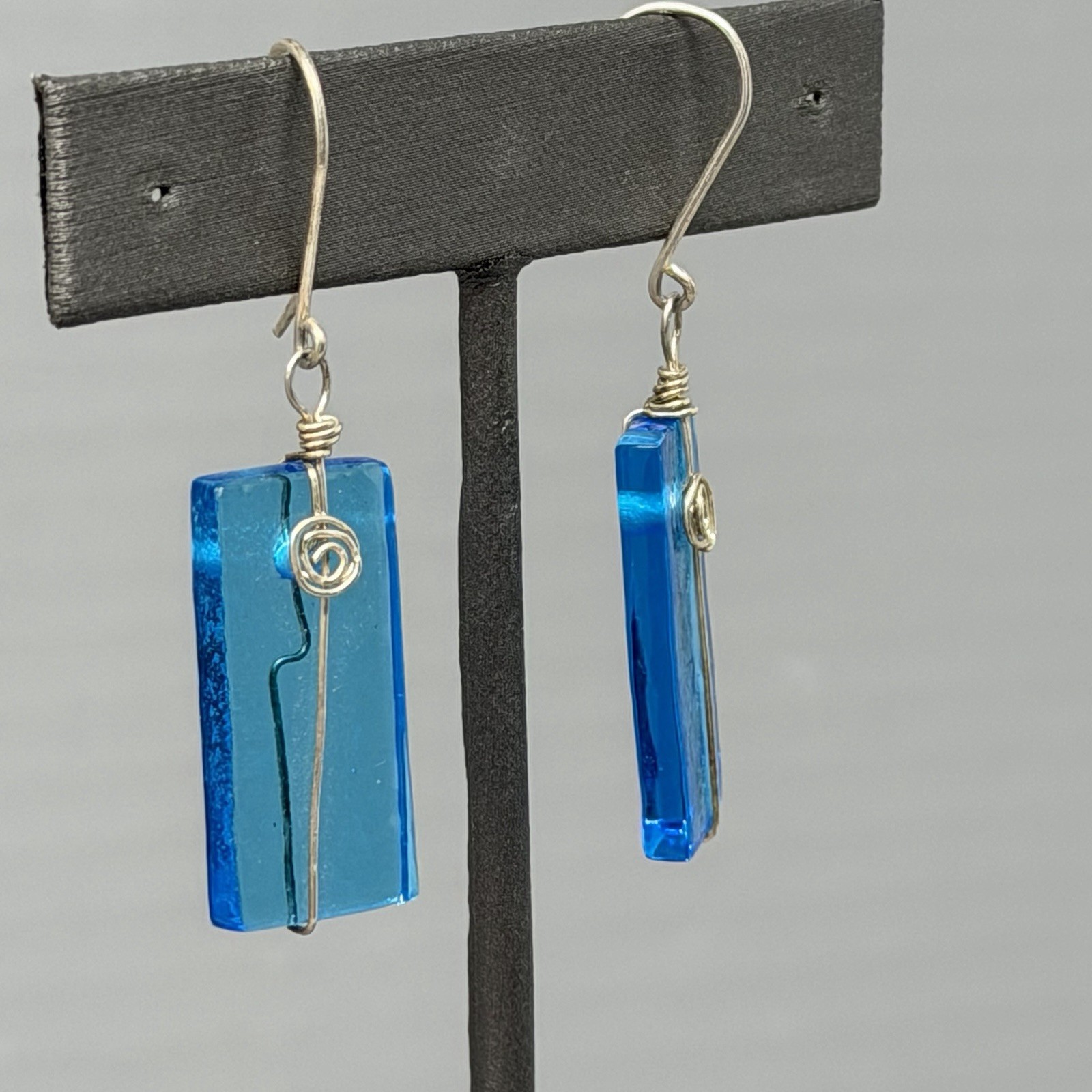 Blue Glass Bead Earrings Wire Wrapped Rectangle Dangle Drop Pierced Bohemian