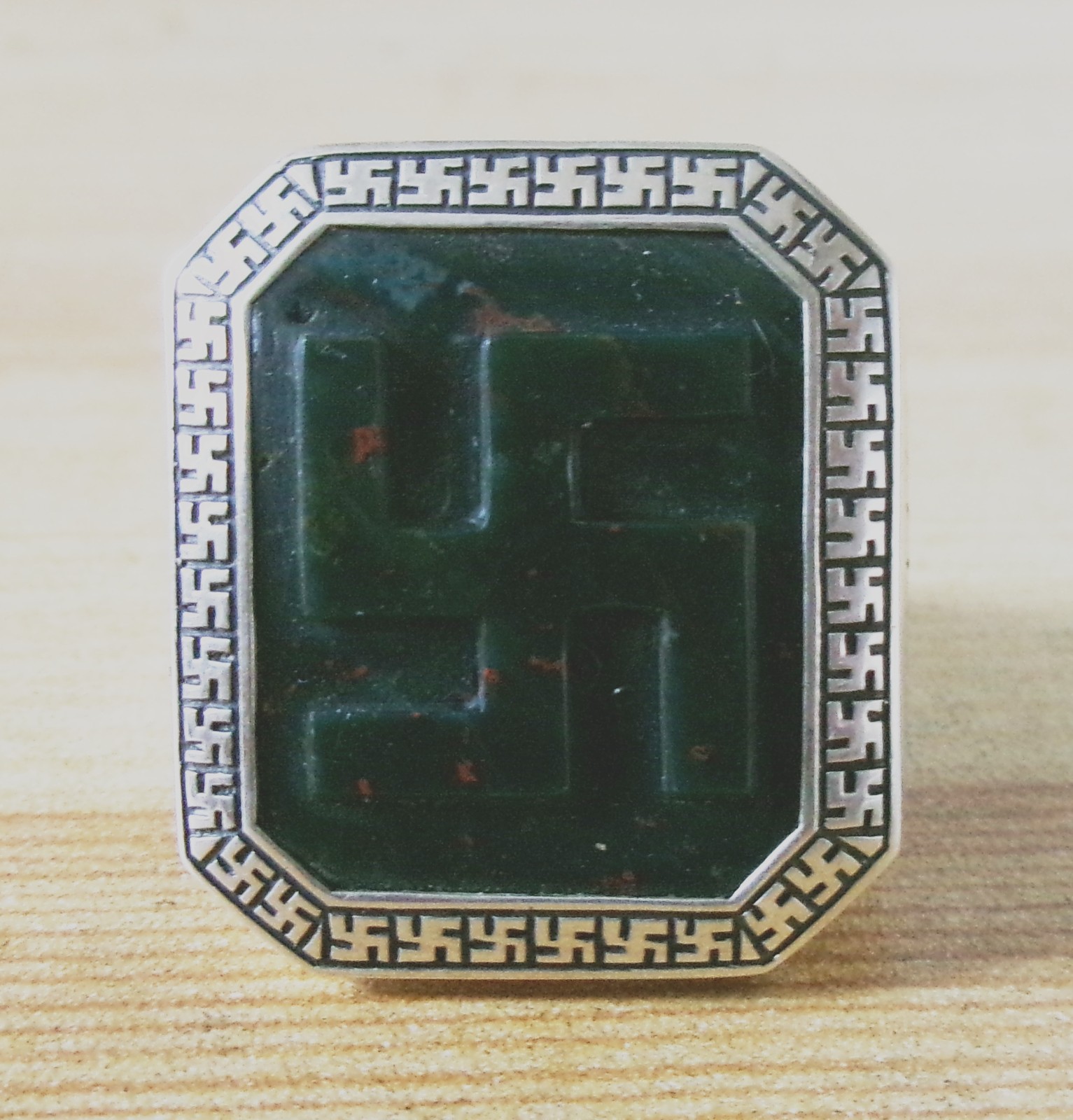 HUGE Antique Sterling Silver Bloodstone Buddhist Manji Ring 25gr 15ct Size 11 US