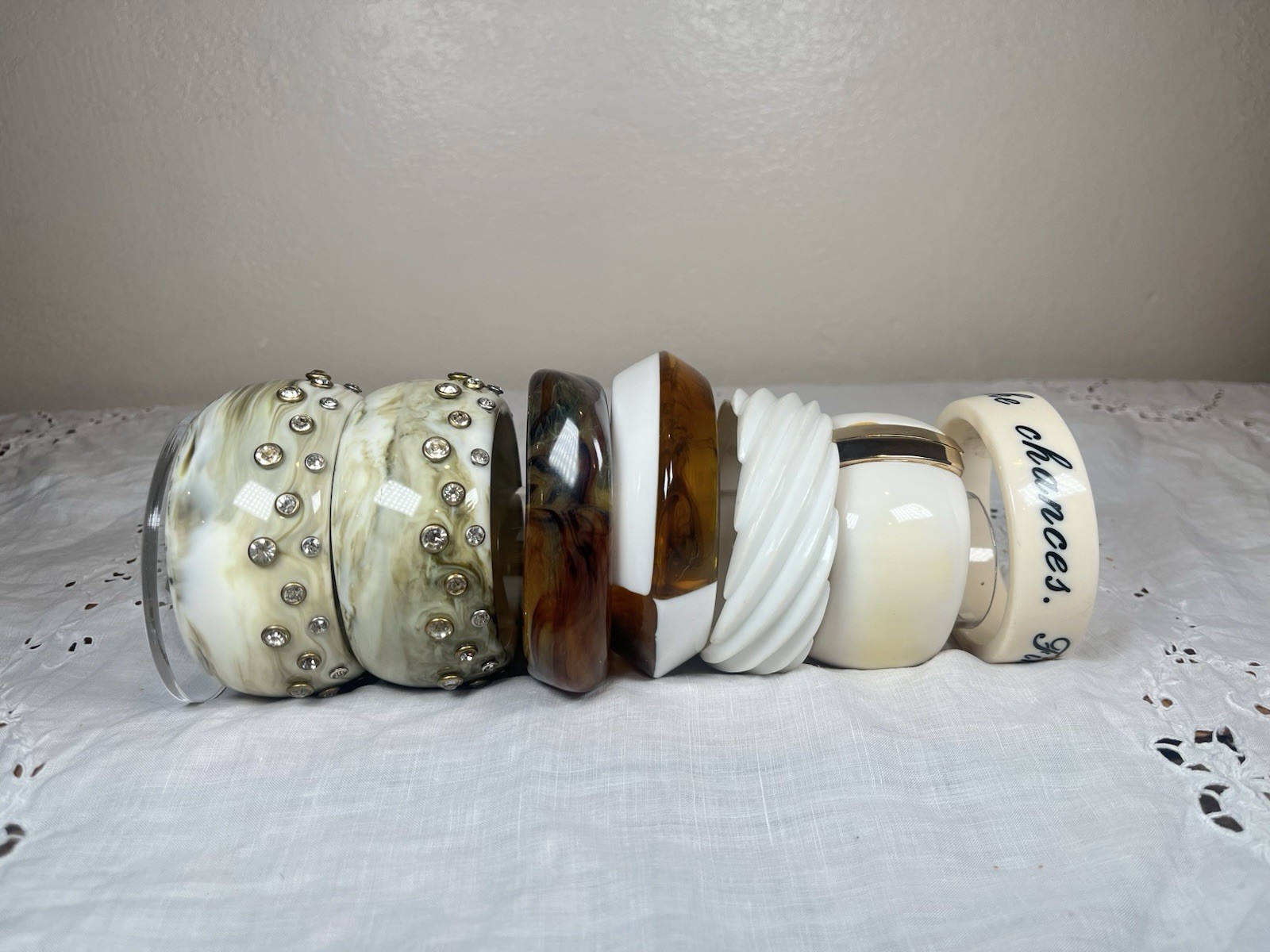 Lot of 7 Chunky Lucite Bangle Bracelets, Clamper, Rhinestones, Earthtones