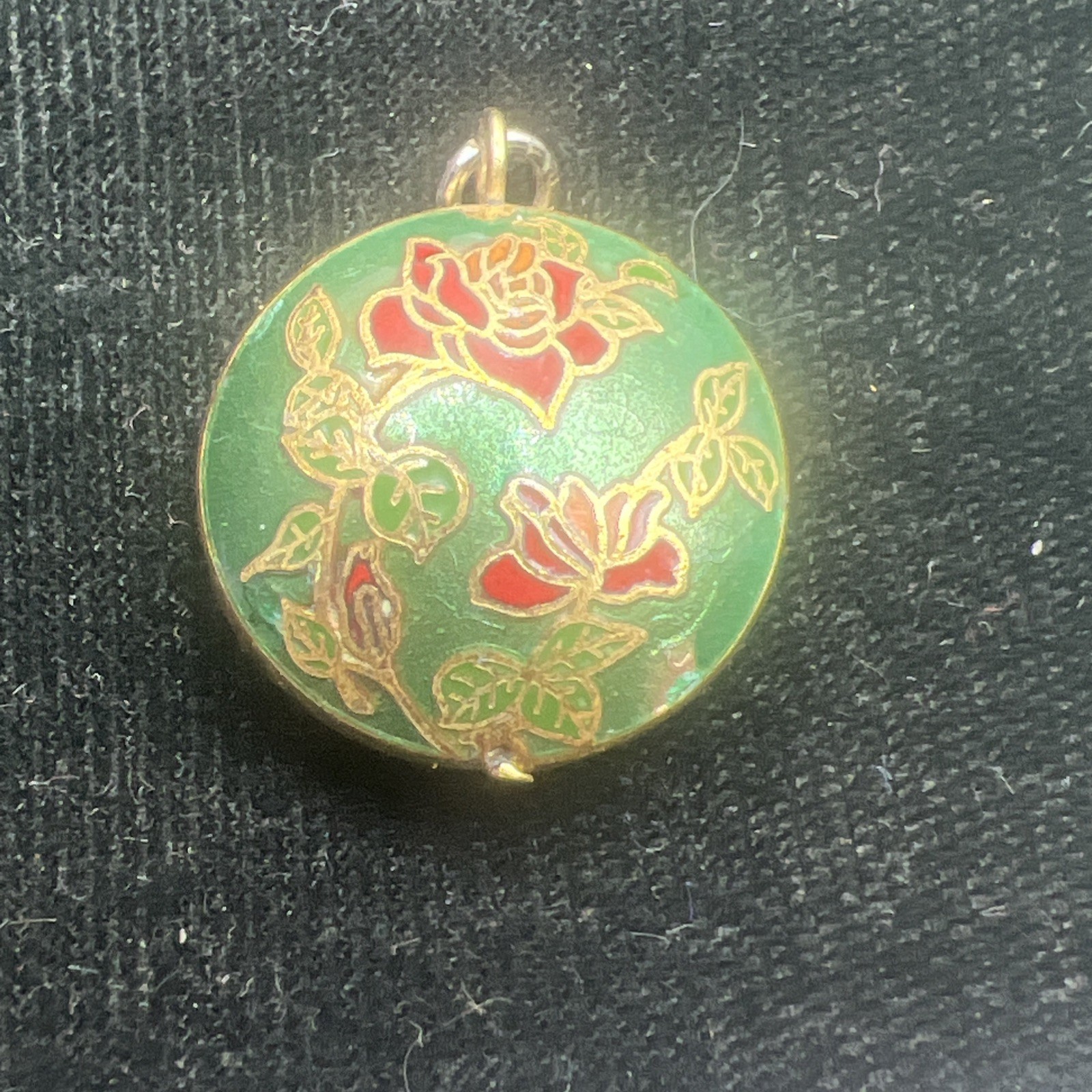 Vintage Double Sided Cloisonné Green Enamel Round Pendant Pink. and Blue Flowers