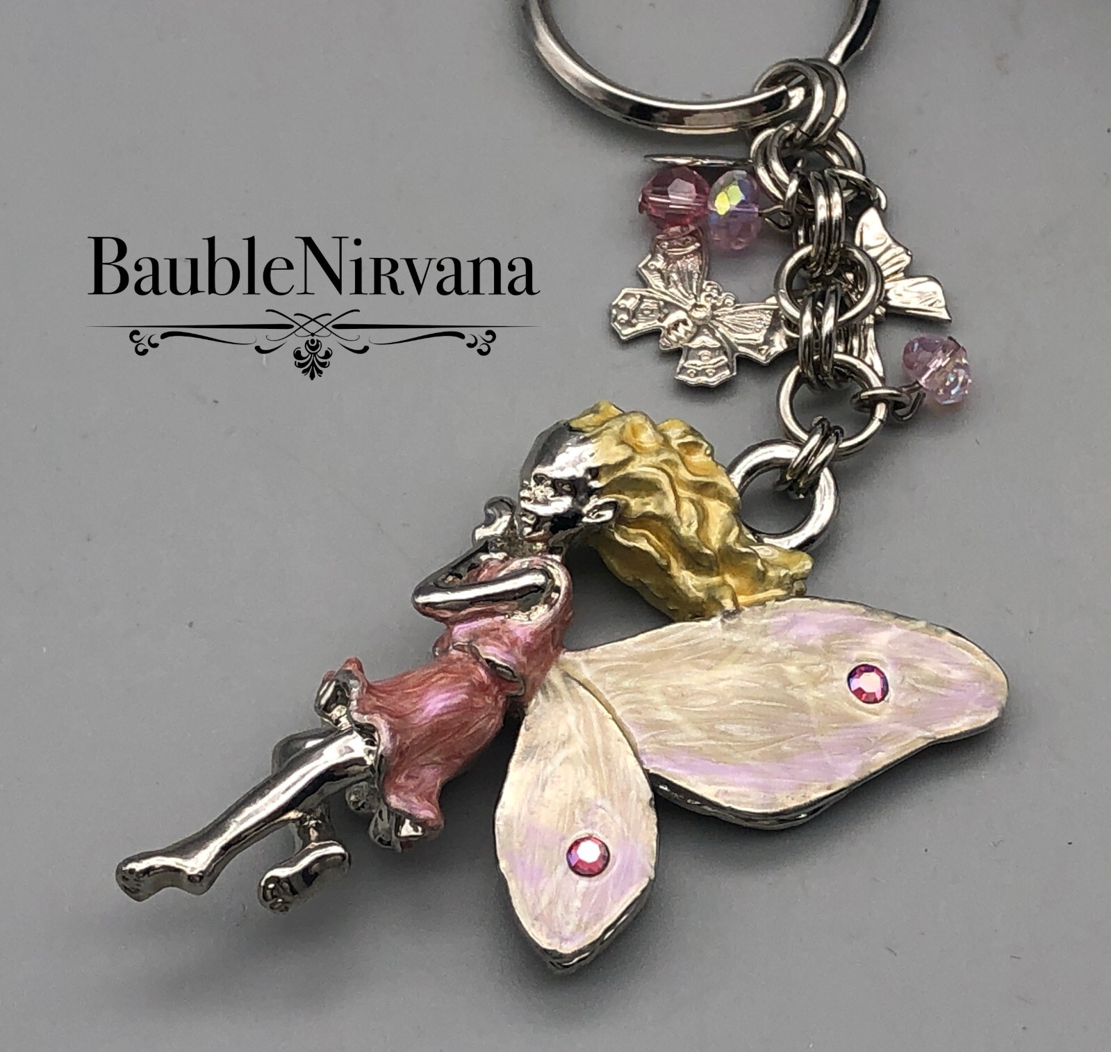 Vintage Kirks Folly Silver Plated Enamel Butterfly Fairy & Charms Key Ring Chain