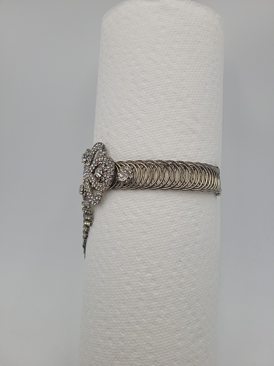 Vintage Rhinestone Cuff Dangle Bracelet, Stretch Band