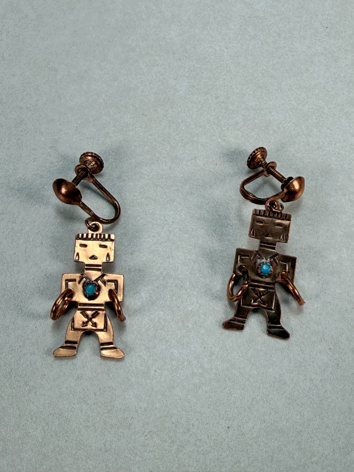 Vintage Copper Native American Kachina Figure Dangle Screw Back Earrings
